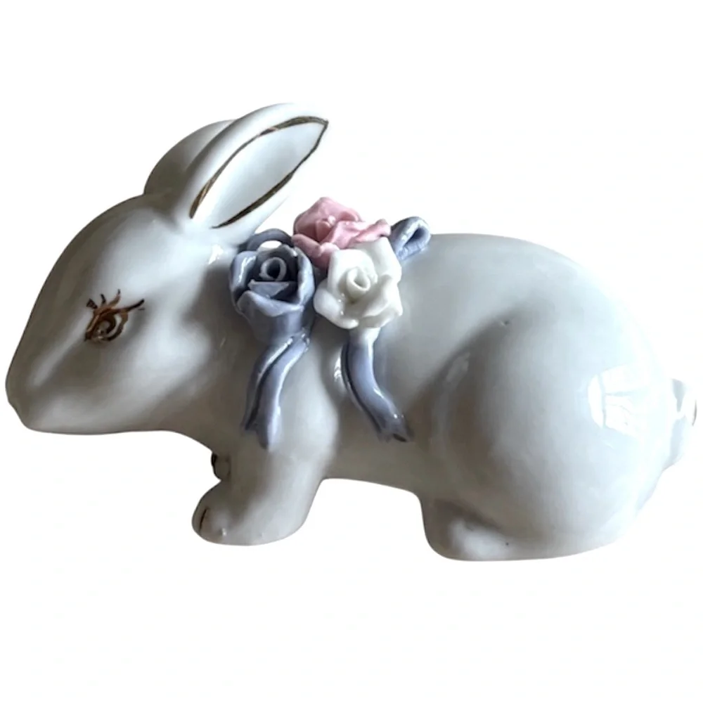 Vintage Porcelain Bunny Floral Rose Bow Cottage Core Farmhouse Mid Century White